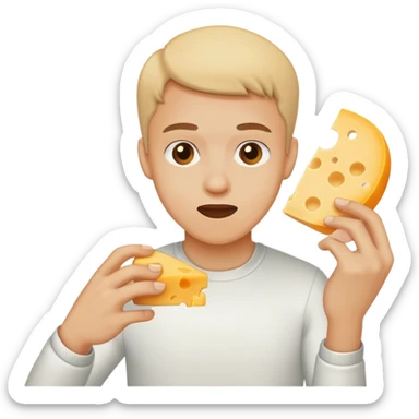 a person, that is swating, trying to eat a piece of cheese sticker