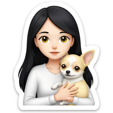 Fair skin girl - long black hair - white clothes - hugging a black, yellow and white Chihuahua sticker