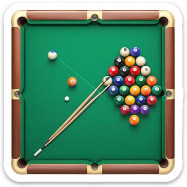 A close-up of a billiard table with a cue stick lined up to strike a colorful set of balls. The focus is on the precision of the shot, with the table’s green surface and the triangular arrangement of balls, creating a dynamic scene of strategy and concentration in the game of billiards. sticker