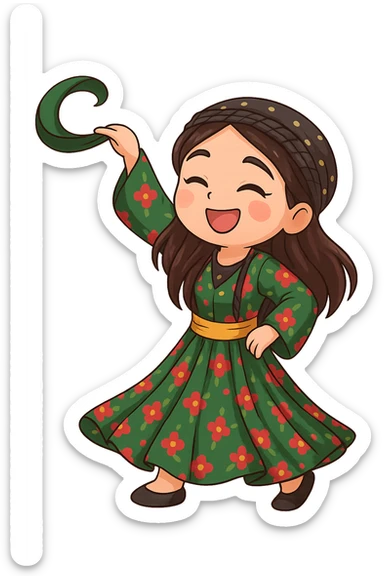 Create a colorful and cheerful Kurdish cartoon sticker in chibi style. Show the traditional Kurdish clothing and a dancing pose. The background should be transparent. Suitable for WhatsApp and Instagram. sticker