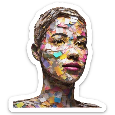 Colourful neon patchwork Person face portrait made entirely of multicoloured torn up magazines  sticker