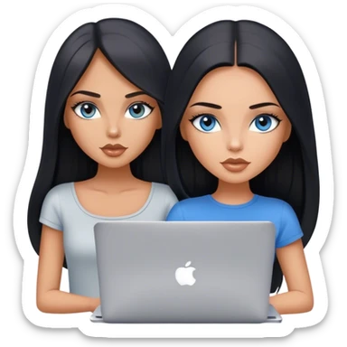 Glamours tanned very beautiful girl with pump nude lips and black straight smooth long hair, blue-grey eyes in top with one MacBook. sticker