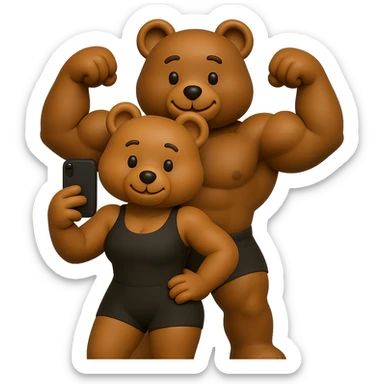 Create two muscle bears in a natural athletic bodybuilder shape, one female in front and one male behind doing a double biceps pose. They should be fit and strong, not too fat or overly muscular, affectionate and cute. The style should mimic the exact 3D apple emoji style with no background. Use the references for pose and style inspiration. sticker