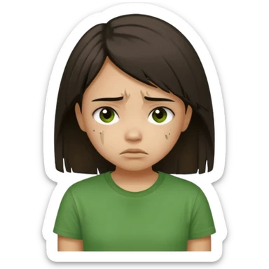 Young girl with straight, dark, damaged, and unkempt hair, wearing a green T-shirt, with a sad and discouraged expression. sticker