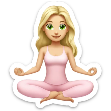 blonde long hair and green eyes yoga beautiful girl in light pink clothes sitting on a yoga mat sticker