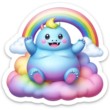3D, Kawaii derpy fat rainbow monster sitting on a magic rainbow hued cloud, rich textures, visually detailed, so lifelike that it feels like it could leap off the page at any moment sticker