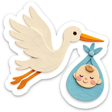 stork flying with a human baby in a bundle, paper craft style sticker