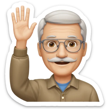 60 yr man with partially gray hair, mustache, light glasses, waving hello sticker