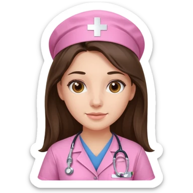 pretty brunette nurse with long hair in pink scrubs sticker