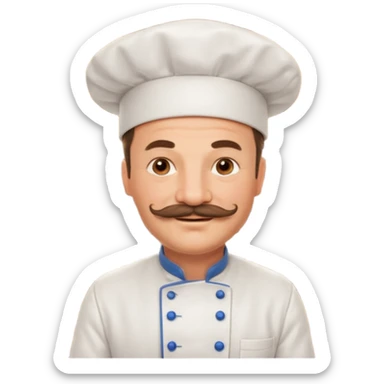 Est-ce que tu peux me faire un chef cuistot qui ressemble à Philippe Etchebest et qui est devant un restaurant? Est-ce que tu peux le faire souriant, avec une moustache de cuistot? 
 sticker