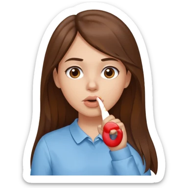 Emoji Fille cheveux long et brun yeux brun avec un doigt dans la bouche que la mains sois plancher vers en bas et que elle regarde comme si elle est coquine  sticker