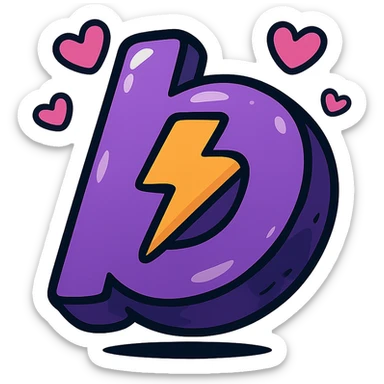 plump vibrant Boosty logo cartoon style purple 'b' with lightning bolt cutout bold outline expressive shadows glossy highlights no background cute hearts around logo sticker