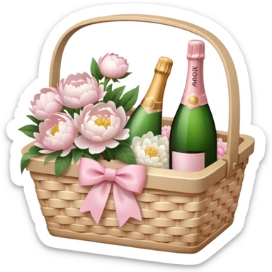 White Picnic basket with light pink bow and white peonies and one pink champage bottle inside sticker