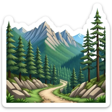 a forest trail or rocky mountain road. The background shows dense trees, steep slopes, and distant peaks under a clear blue sky. sticker