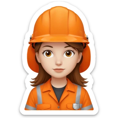 GAROTA BRANCA DE CABELOS CASTANHOS COMPRIDOS, UNIFORME DE TRABALHO LARANJA E CAPACETE LARANJA sticker