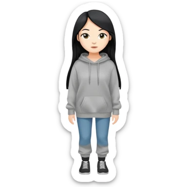 full-body female avatar, flat vector, long black hair, oversized sweatshirt, neutral background sticker