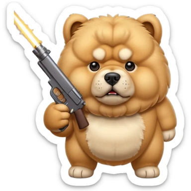 Funny cartoon-style chow chow dog with light fur standing on its hind legs and holding a gun menacingly sticker