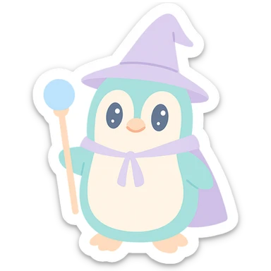 a penguin dressed as a wizard, wearing a pointed hat and holding a magic staff, cute and whimsical style sticker