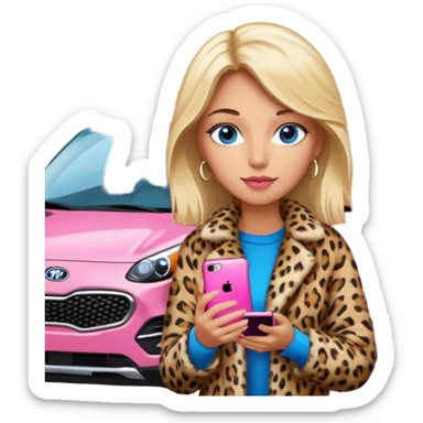 a blondie queen Arina in a leopard fur and pink iPhone on her kia Sportage white car. blue eyes sticker