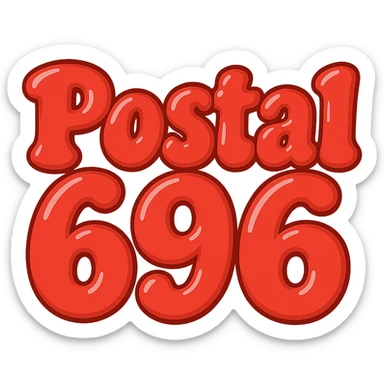 Change the font color to red for 'Postal 696', keep the extra puffy bubble letter style, whimsical and lighthearted, with a transparent background. Maintain the whimsical and lighthearted feel with extra puffy bubble letters. sticker