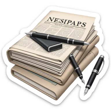 Create an emoji representing journalism and publicistic writing. The design should feature a stack of newspapers, an open notebook with visible text, and a single fountain pen placed near the notebook, symbolizing the act of writing. Use neutral, professional colors like black, white, and muted tones to convey a sense of seriousness and intellect. Do not include any emojis or smiley faces. Make the background transparent. sticker