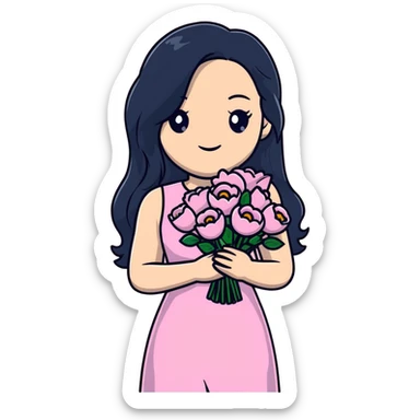 beautiful young woman with long black hair, fair skin, wearing pink dress and holding a bouquet of flowers sticker