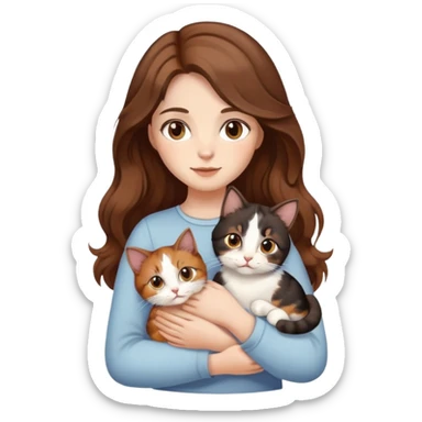 A girl with wavy brown hair and white has brown eyes and holds a calico cat  sticker