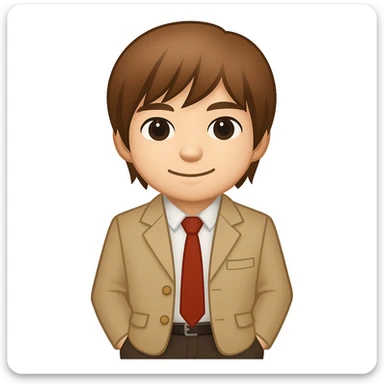 Create an image of Light Yagami from Death Note in the style of apple emojis. He has brown hair and is wearing a school uniform. He is standing with hands in pockets and has a relaxed expression. sticker