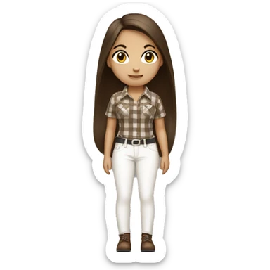 a brunette girl with long straight hair stands in a brown checkered shirt and white pants, in white headphones with a small black handbag sticker