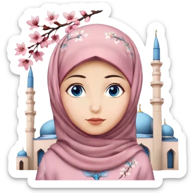 Turkish beautiful finish Konya girl blue eyes with hijab and cherry blossom dress on mosque sticker