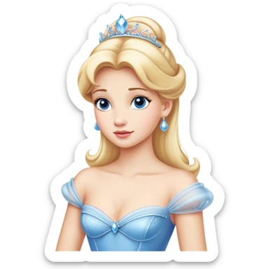 Cinematic Elegant Cinderella Portrait Emoji, rendered in a realistic, vector-style with minimal shading and bold, simplified shapes. Depict Cinderella in her classic ball gown (chest and above) with fair, porcelain skin and elegantly styled blonde hair, her eyes soft and kind, and her expression serene and graceful. The design glows with a gentle, enchanting radiance and high shine, capturing the timeless beauty of a fairy tale princess. sticker