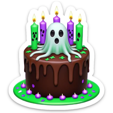 Chocolate Halloween cake with ghost floating and spiders on the side crawling with glowing green frosting dripping down the sides with candles on top and purple and black confetti  sticker