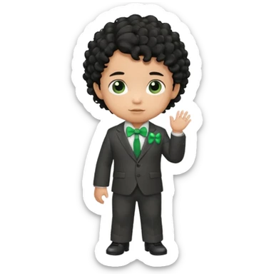 baby boy curly black hair in suit, with green bow sticker