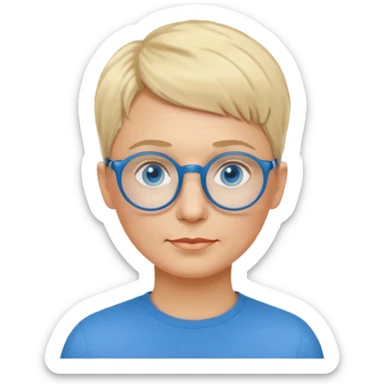 woman 50 years old, very short blonde hair like a man, blue eyes and blue round glasses sticker