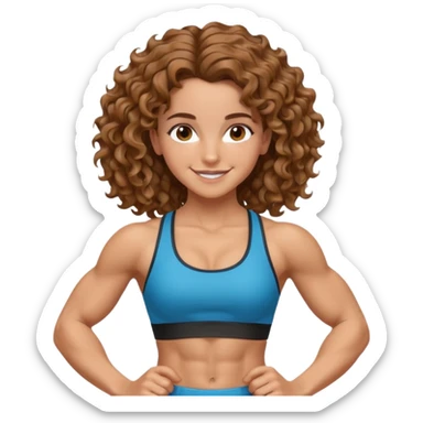big biceps, muscled torso, very beautiful italian happy girl, looking like Emma Watson, with wavy curly bright hazelnut hair, dressed in a beautiful sports outfit, very muscled sticker