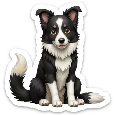 cinematic-[border collie dog]-realistic-full-body-sitting-emoji,-tail-resting-loosely-beside-its-paws,-head-tilted-dramatically,-scruffy-[black and white]-fur,-simplified-yet-realistic-focused-features,-highly-detailed,-glowing-with-an-almost-sarcastic-glow sticker