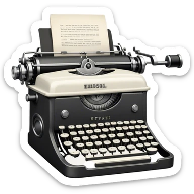 Create an emoji representing screenwriting. The design should feature an open script with visible dialogue and action lines, symbolizing the writing of a screenplay. Include a classic typewriter or a modern writing device, such as a laptop, to signify the process of creating a script. Optionally, add elements like a film reel or director's chair to emphasize the cinematic aspect of screenwriting. Use a professional color palette with black, white, and subtle metallic tones. Do not include any emojis or smiley faces. Make the background transparent. sticker