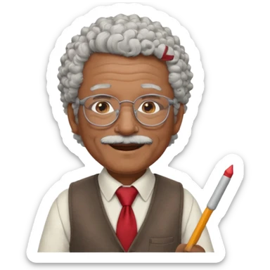 old man teacher, brown skin, curly grey white hai, wearing glasses, brown vest, red tie hold chalk on hand sticker
