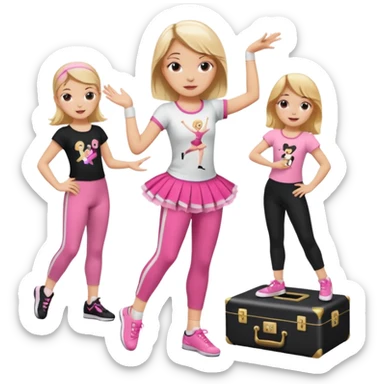 Hiphop dancer, with cute big pants, sneakers, and t-shirt. White girl blond. Coloufull shirt. No pocket pants. Dancing. Pink and black plain outfit. No sweatbands on the wrist, black music box behind her. Ballerina pose. with dancing kids behind her. With a music box sticker
