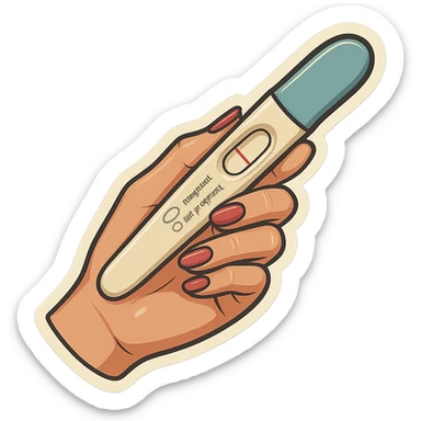 A negative pregnancy test held in a neat feminine hand with manicure, in retro stickers style, featuring soft rounded shapes, expressive contours, vintage color palette, light paper texture, shadows and highlights, transparent background. sticker