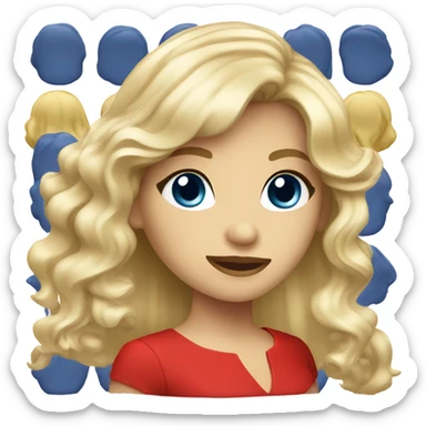 female with long wavy light blonde hair, bangs, dark blue eyes, elegand and classy red dress sticker