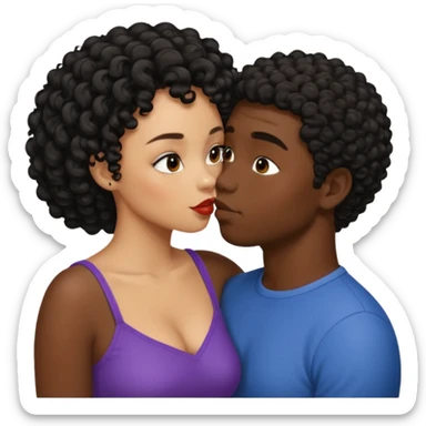 A dark skin woman with a light skin man who has black short curly hair kissing  sticker