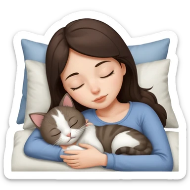 Brunette girl  sleeping with grey white  cat sticker