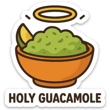 flat toon style holy guacamole, cartoon guacamole bowl with a halo sticker
