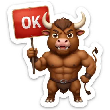 Angry powerful bull emoji holding a sign with the words OK in front of it sticker