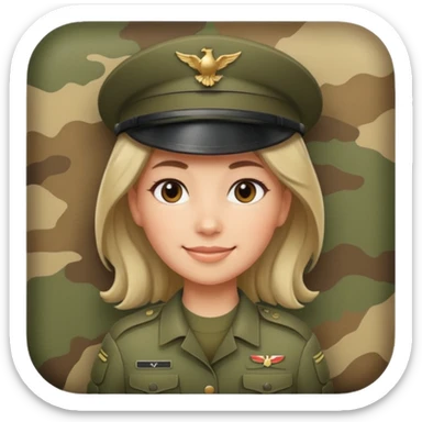 Female soldier emoji in Apple style, no cap/helmet, bust portrait, gentle smile, generic camo, hair visible, soft gradients sticker