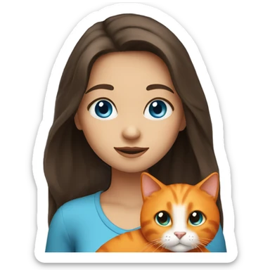 long haired brunette girl with blue eyes holding one orange cat sticker