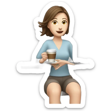 woman with pale skin and brown hair behind a computer juggling with coffee cups sticker