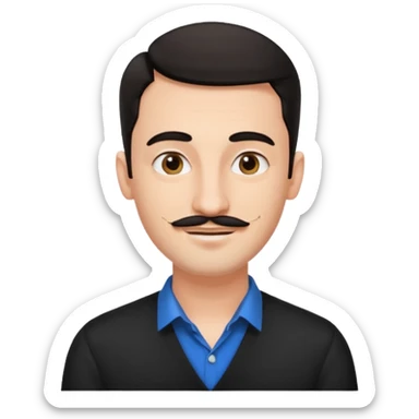 happy 25 year old man, receding dark hair, thin moustache, black earring left ear, graphic designer sticker