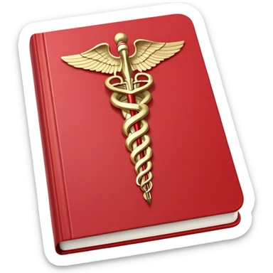 Medical textbook with red cover, caduceus symbol, open to a page showing anatomy sticker